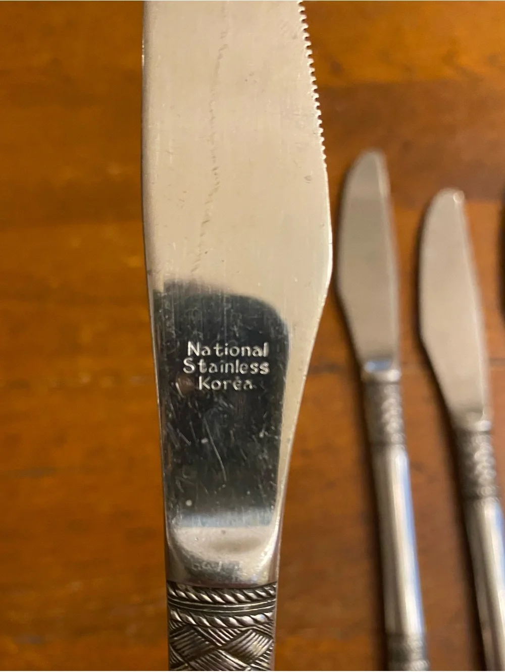 VTG National Stainless Basket Weave Crosshatch Dinner Knives MCM Korea set of 4 - Picture 5 of 5